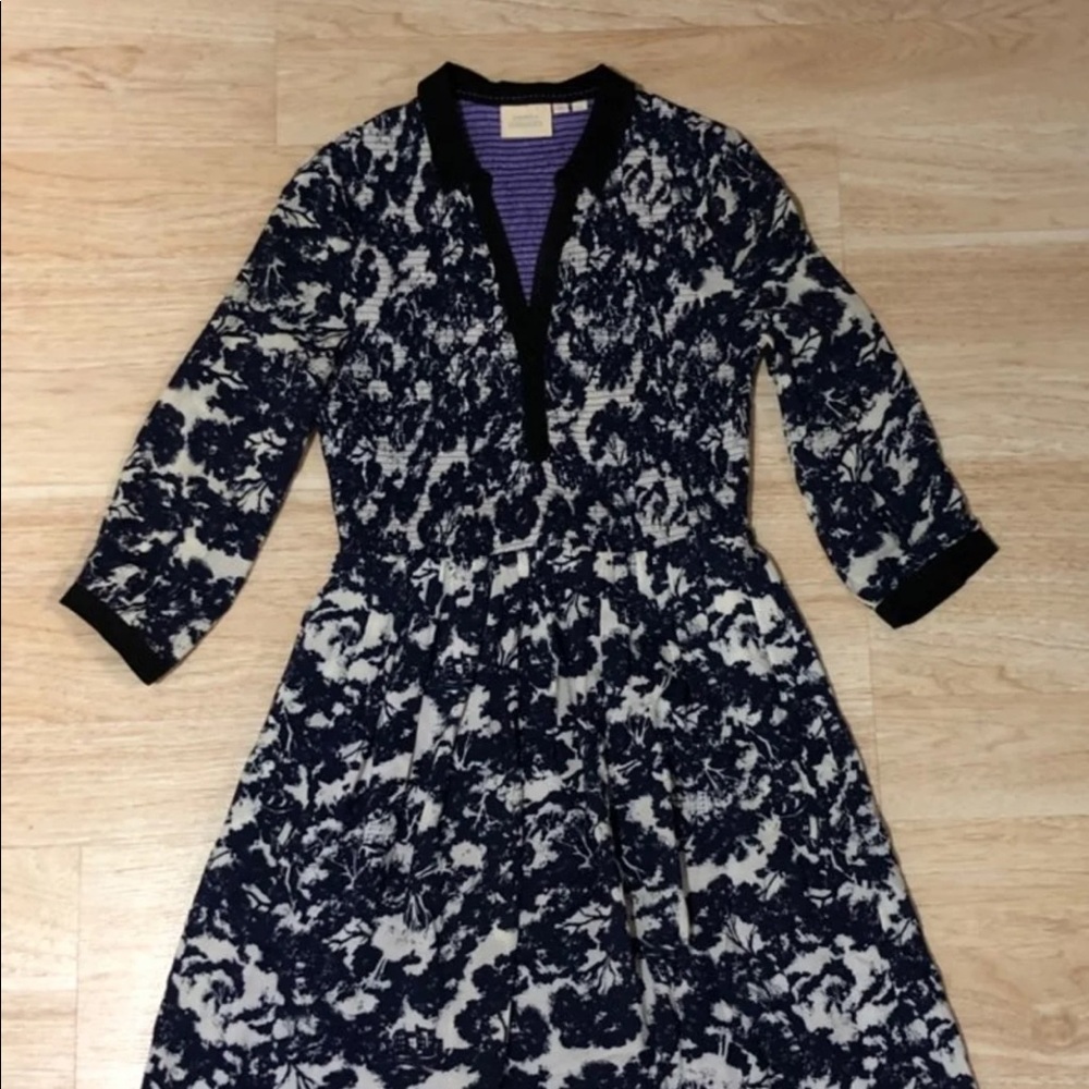 Anthropologie Navy and Cream Floral Print Fit-and-Flare Dress